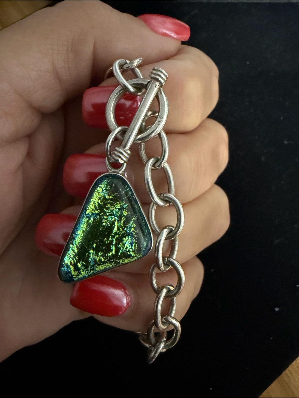 925 Sterling silver Mexico toggle charm bracelet with dichroic glass iridescent